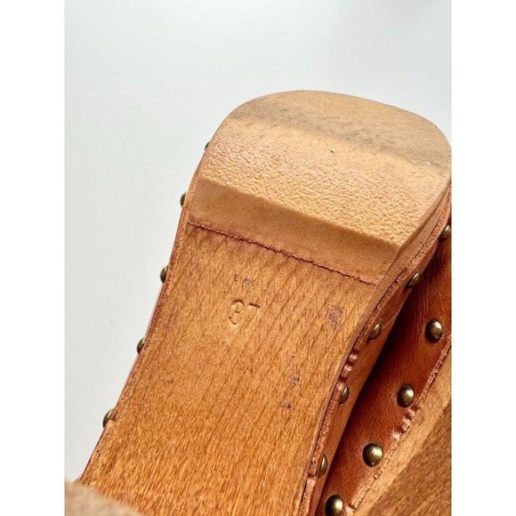 BOSABO Brown Leather Studded Wood Platform Heeled Clogs, Size 37 - Picture 13 of 15